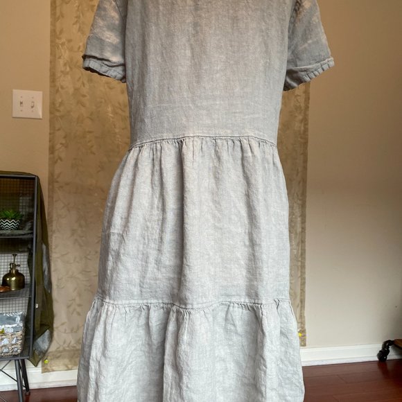 New Francesca Bettini 100% Linen Midi Dress Women's Size 1X Gray Tiered Design - Picture 12 of 13